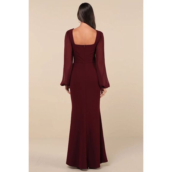 Lulus Composed Elegance Burgundy Balloon Sleeve Mermaid Maxi Dress Medium - Picture 2 of 6